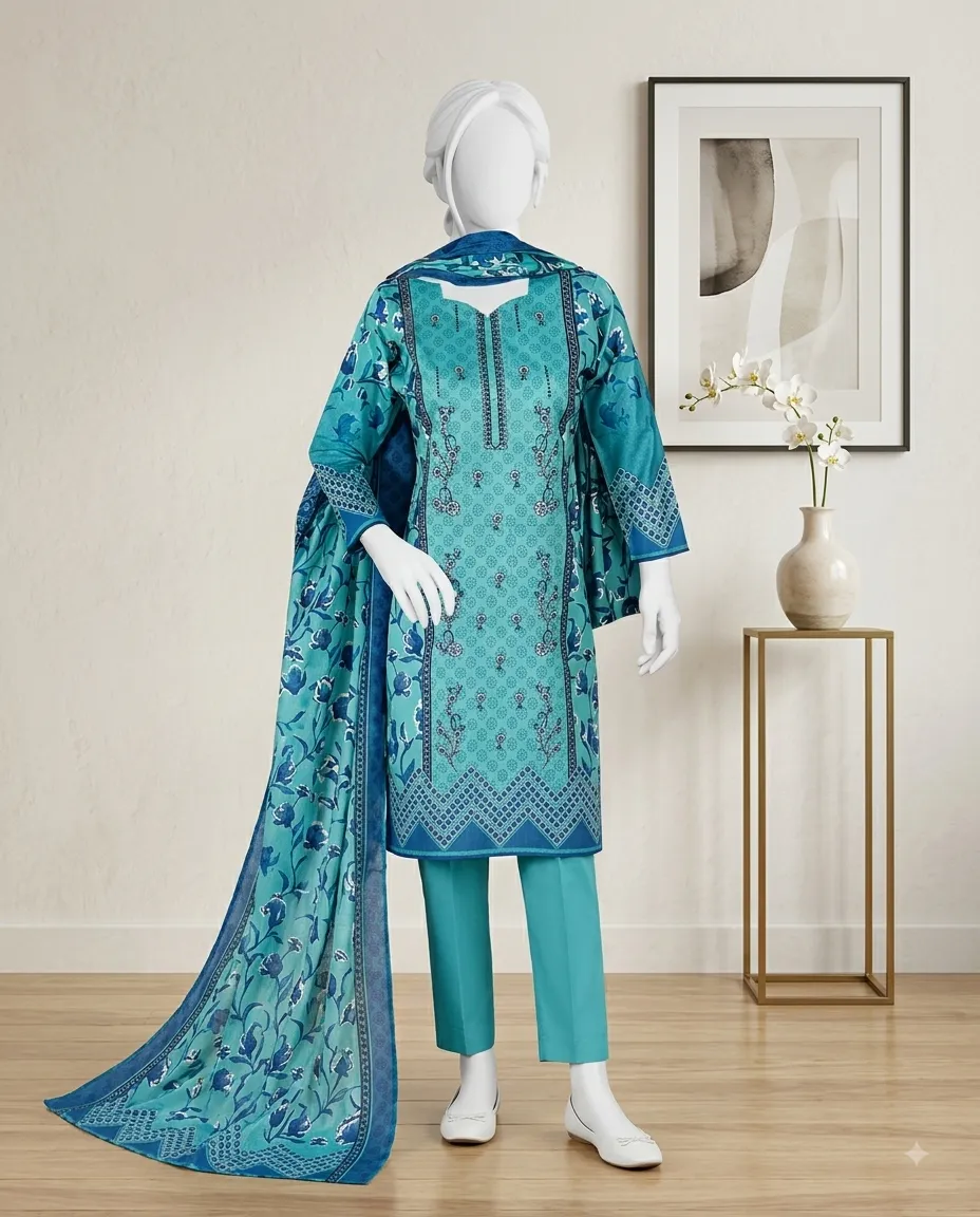 3-Piece Noore Azal Embroidered Cotton Suit Turquoise Blue - Image 3