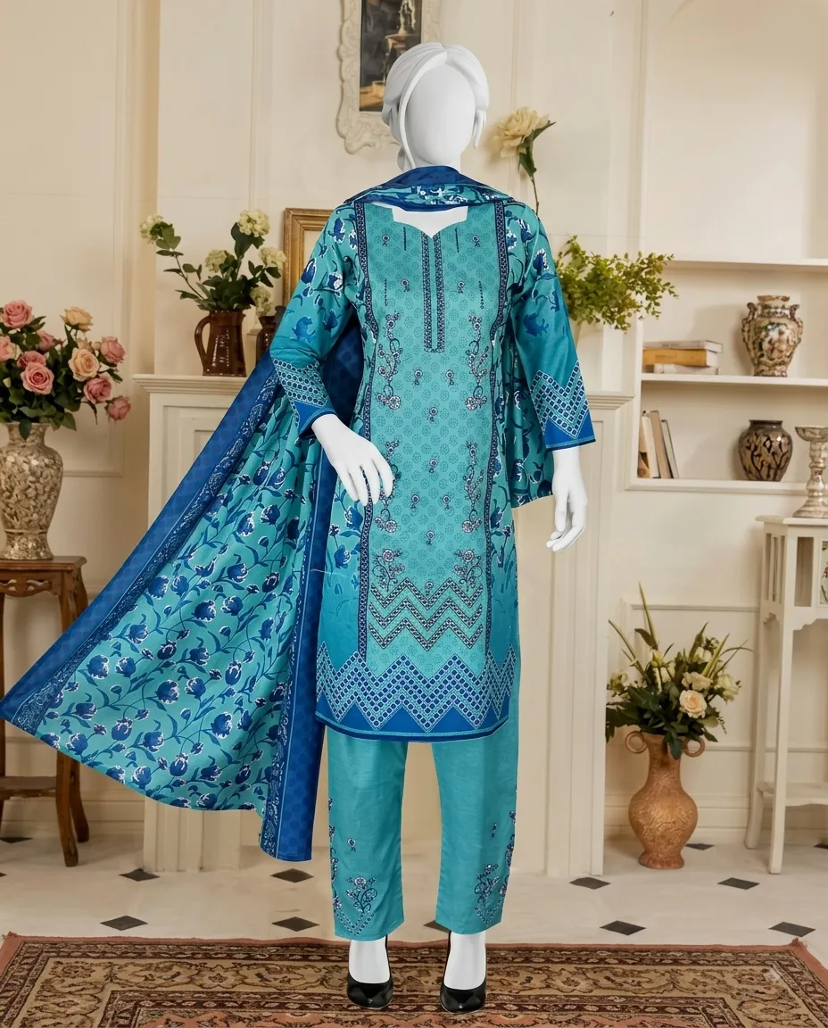 3-Piece Noore Azal Embroidered Cotton Suit Turquoise Blue