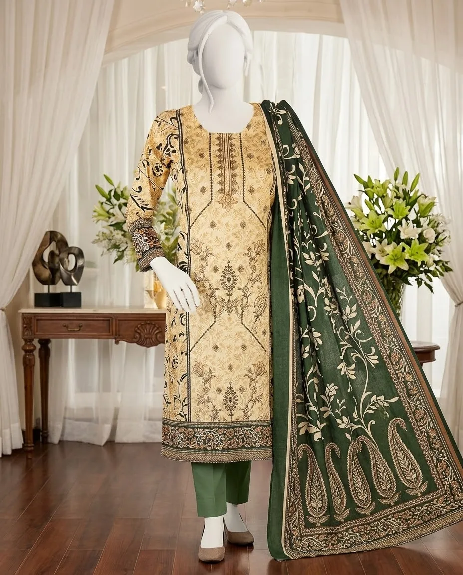 3-Piece Noore Azal Embroidered Cotton Suit-Beige