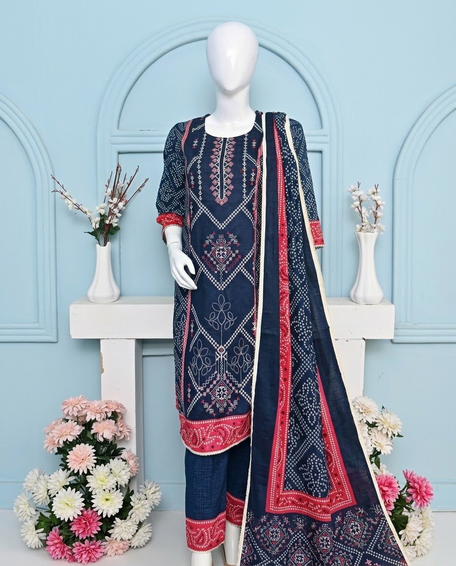 3-Piece Noore Azal Embroidered Cotton Suit-Navy Blue