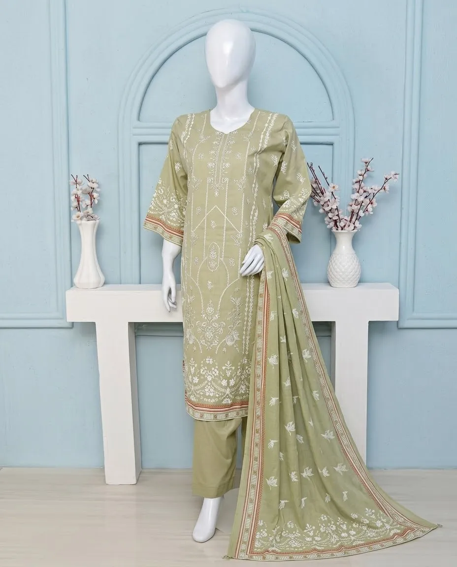 3-Piece Noore Azal Embroidered Cotton Suit Pista Green - Image 2