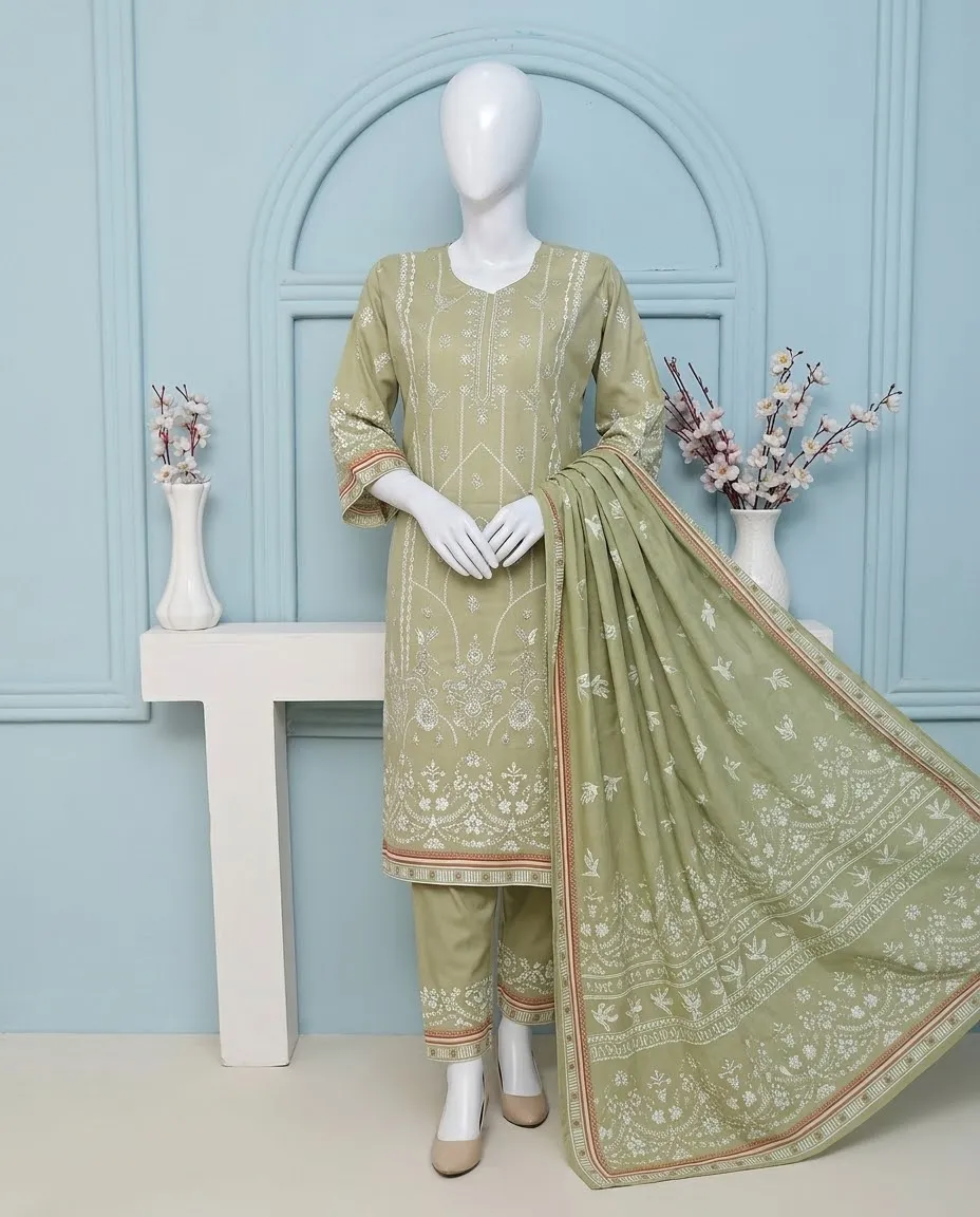 3-Piece Noore Azal Embroidered Cotton Suit Pista Green