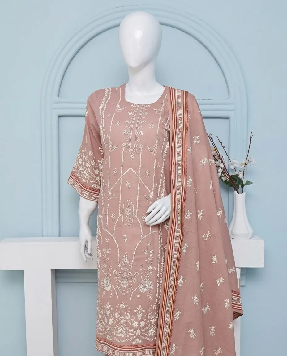 3-Piece Noore Azal Embroidered Cotton Suit Skin