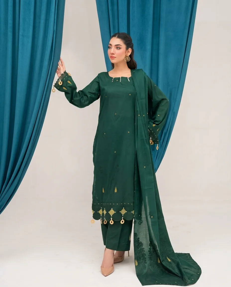 3-Piece Lamisha Cambric Jacquard Suit Bottle Green