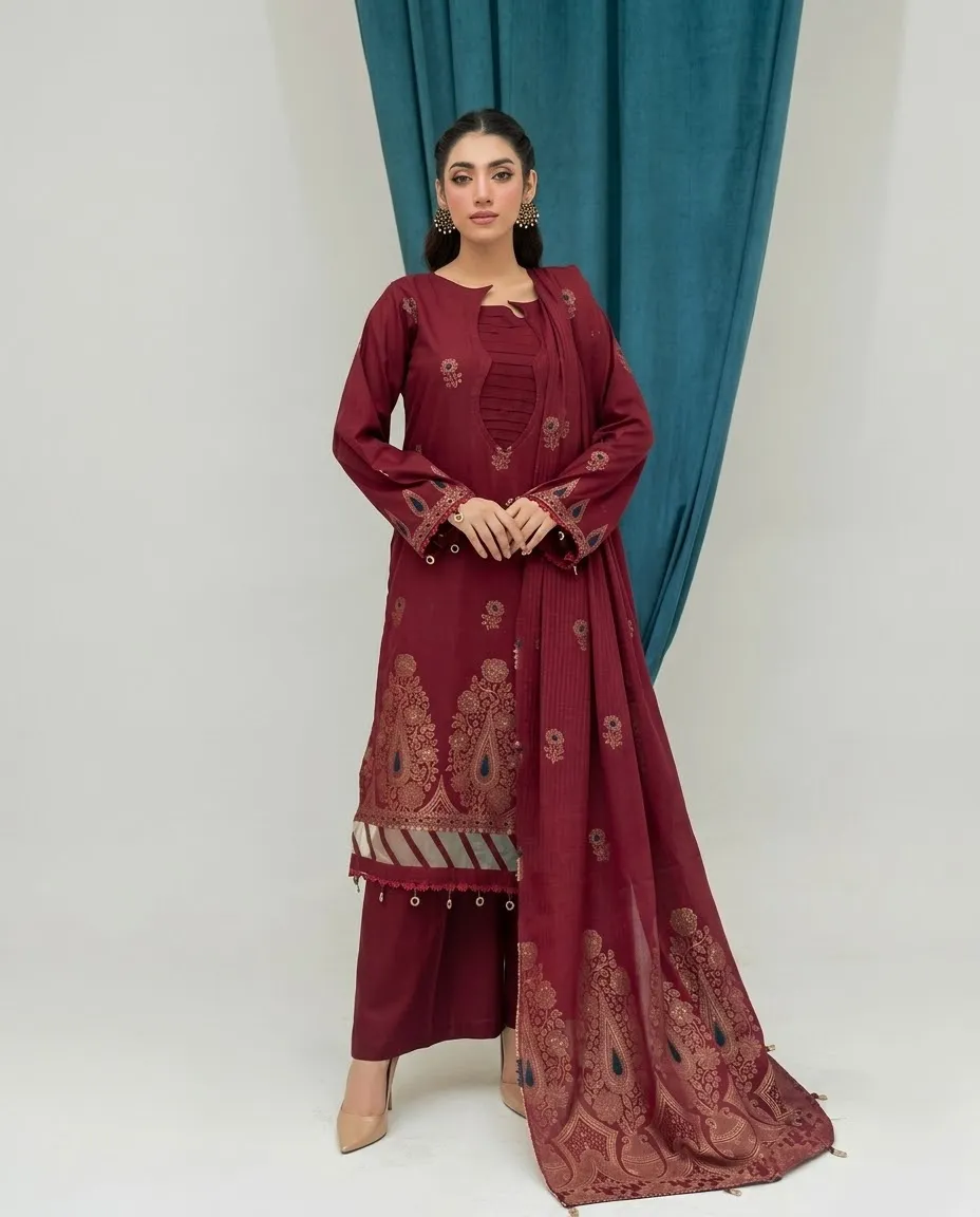 3-Piece Lamisha Cambric Jacquard Suit Maroon