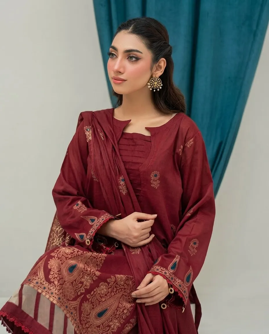 3-Piece Lamisha Cambric Jacquard Suit Maroon - Image 2
