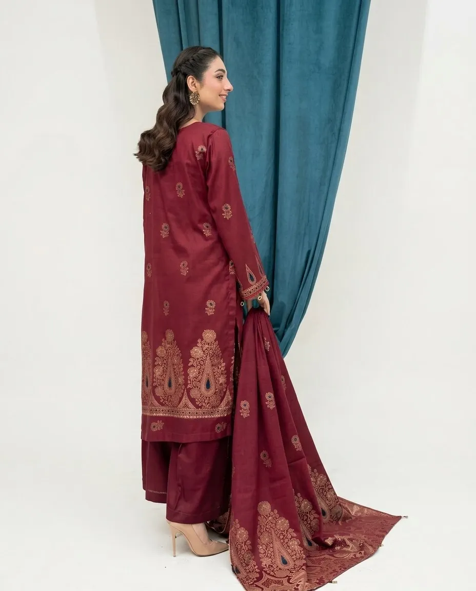 3-Piece Lamisha Cambric Jacquard Suit Maroon - Image 3