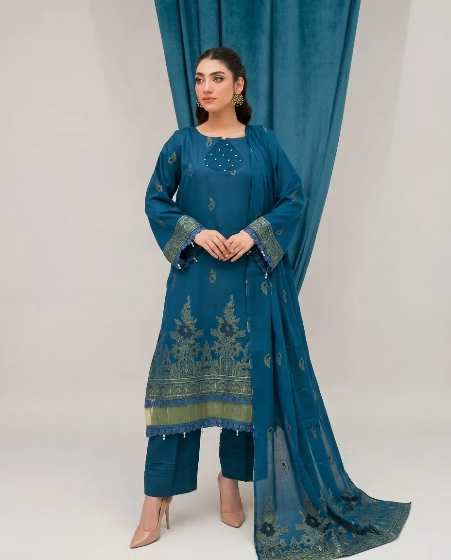 3-Piece Lamisha Cambric Jacquard Suit Teal Blue