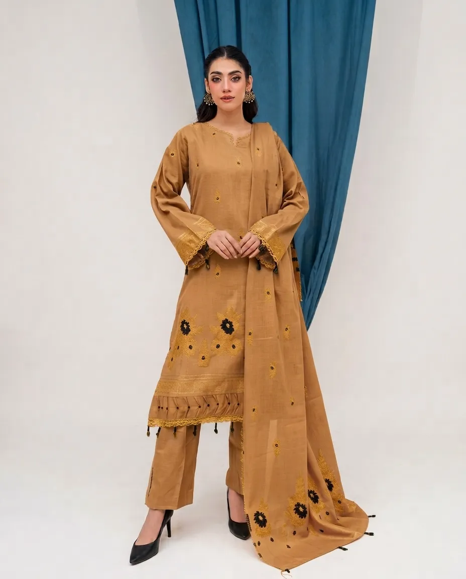 3-Piece Lamisha Cambric Jacquard Suit Mustard