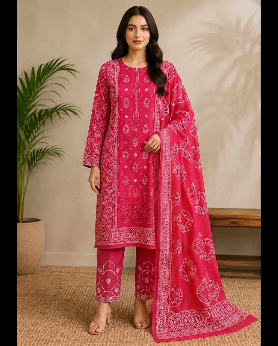 3-Piece Noore Azal Embroidered Cotton Suit Hot Pink