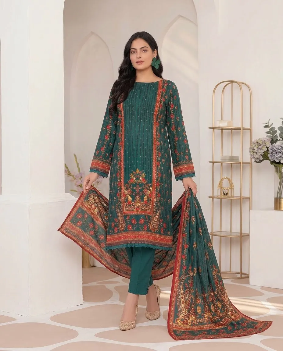 3-Piece Ayra Linen Printed Dark Teal