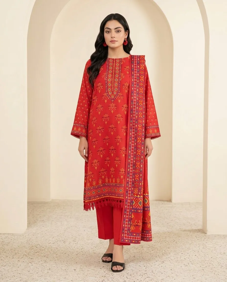 3-Piece Ayra Linen Printed Red
