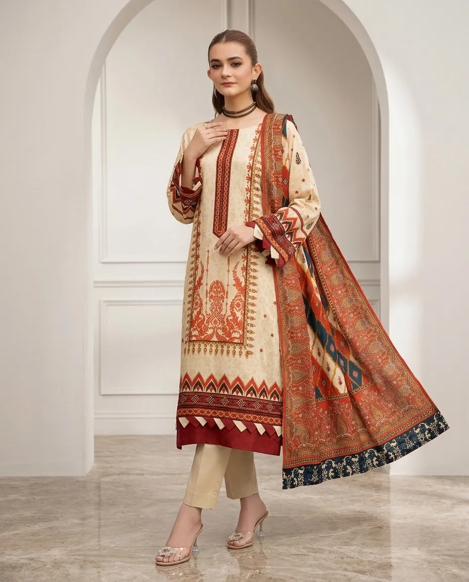 3-Piece Ayra Linen Printed Beige