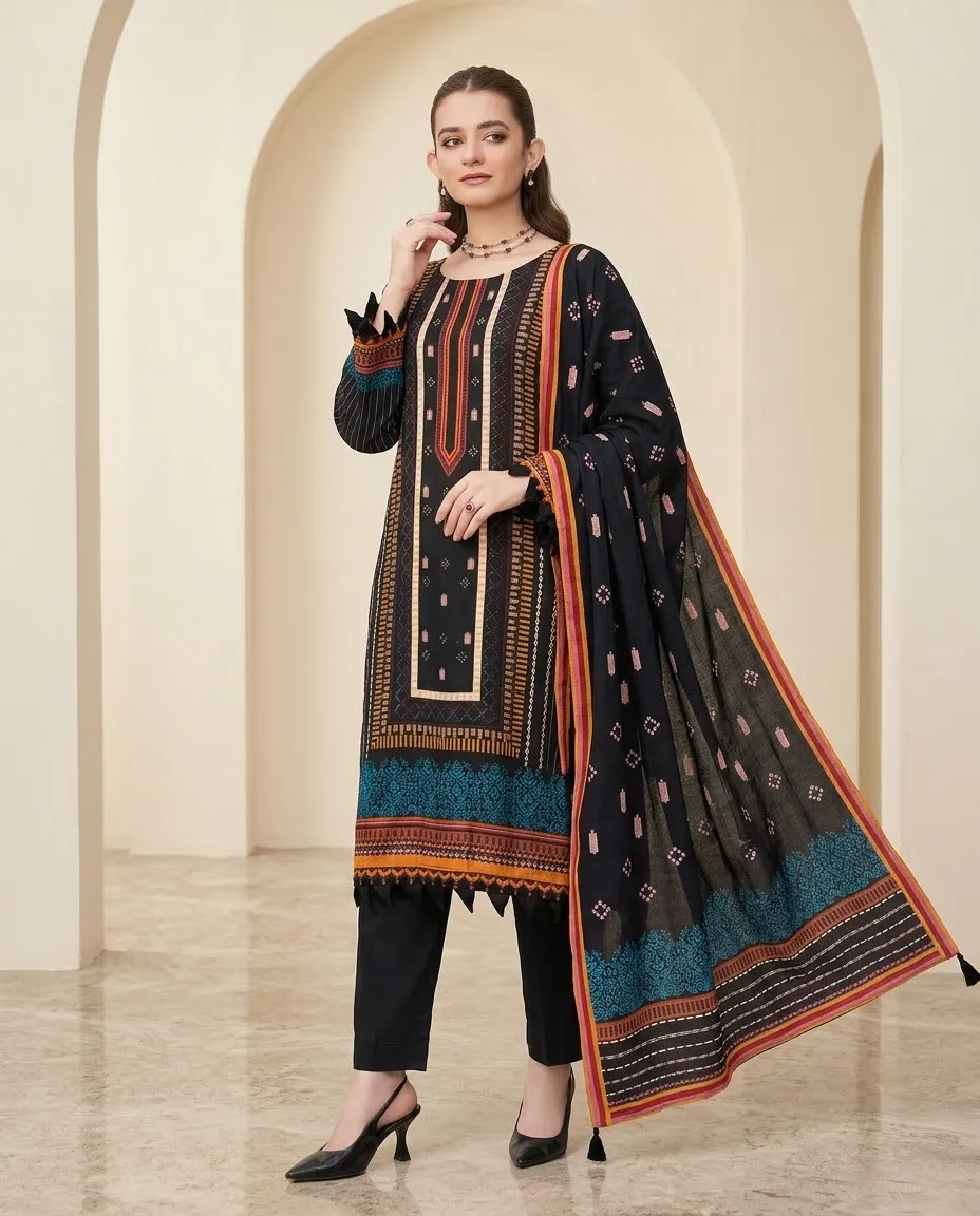 3-Piece Ayra Linen Printed Jet Black