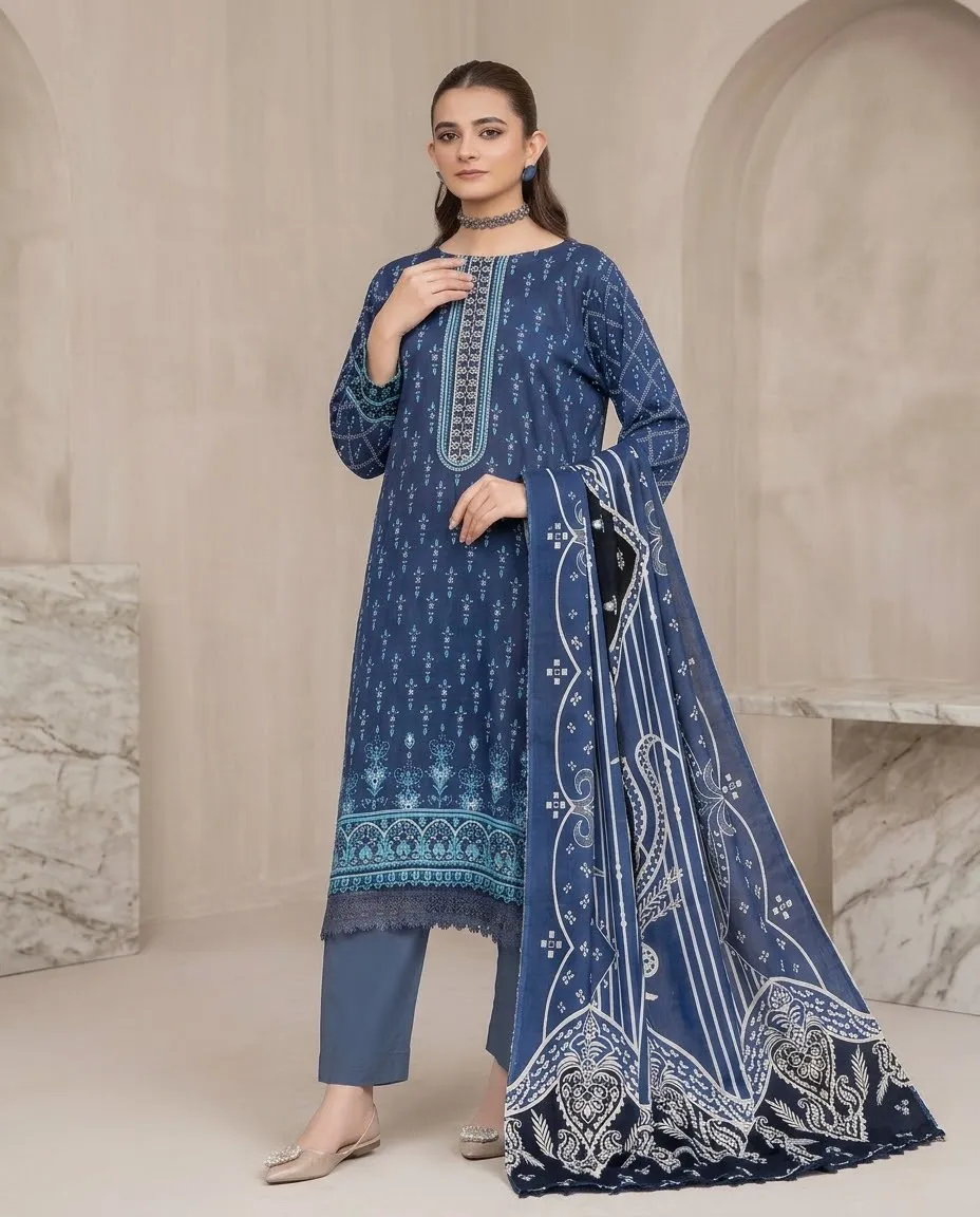 3-Piece Ayra Linen Printed Blue