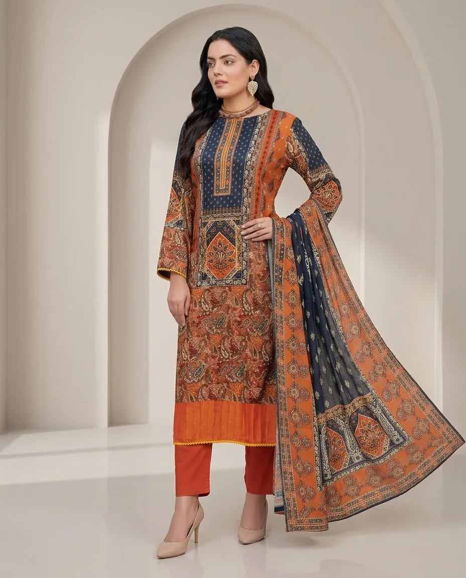 3-Piece Ayra Linen Printed Rust