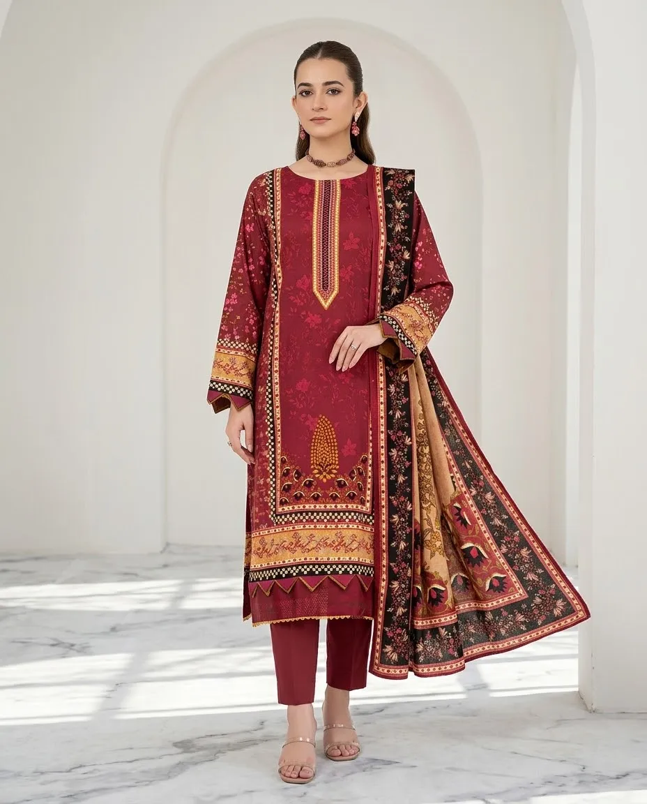 3-Piece Ayra Linen Printed Maroon