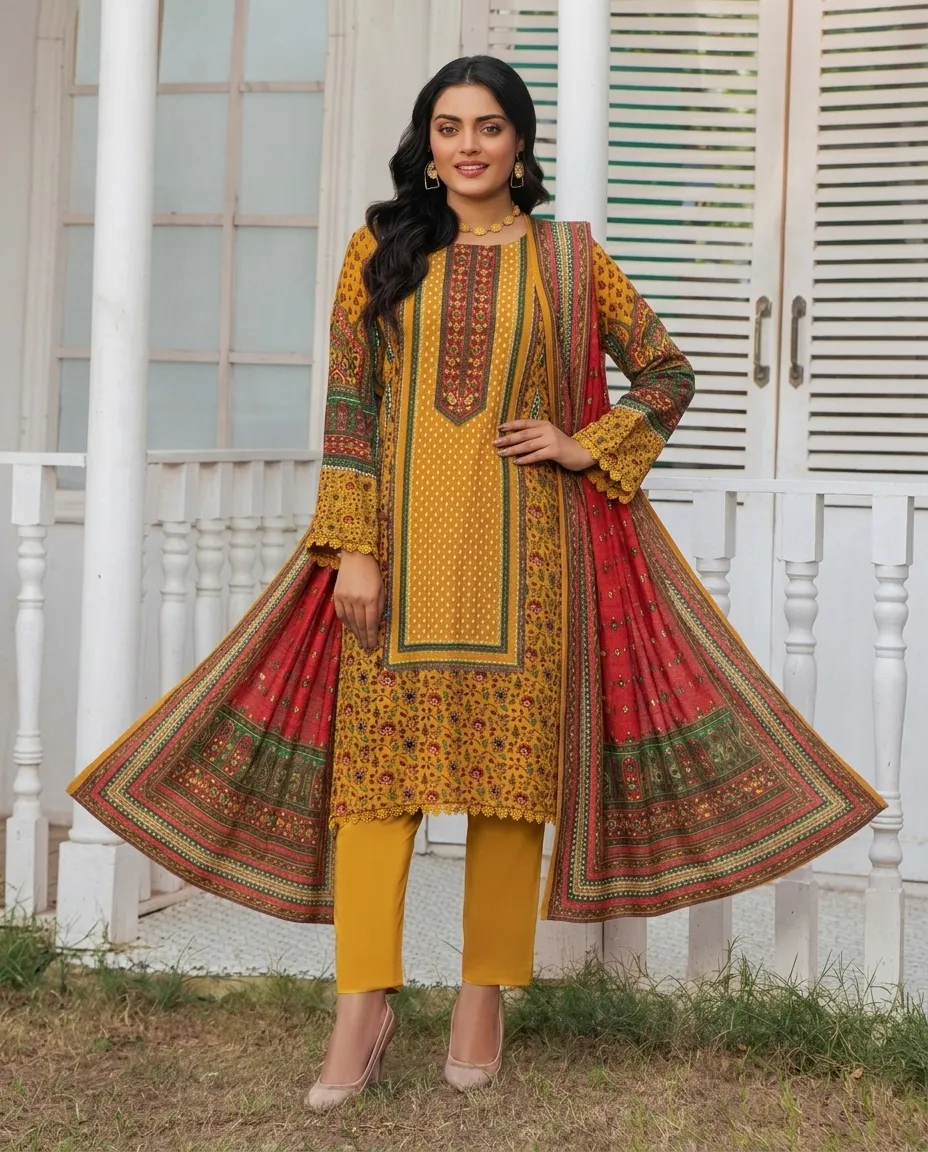 3-Piece Ayra Linen Printed Mustard