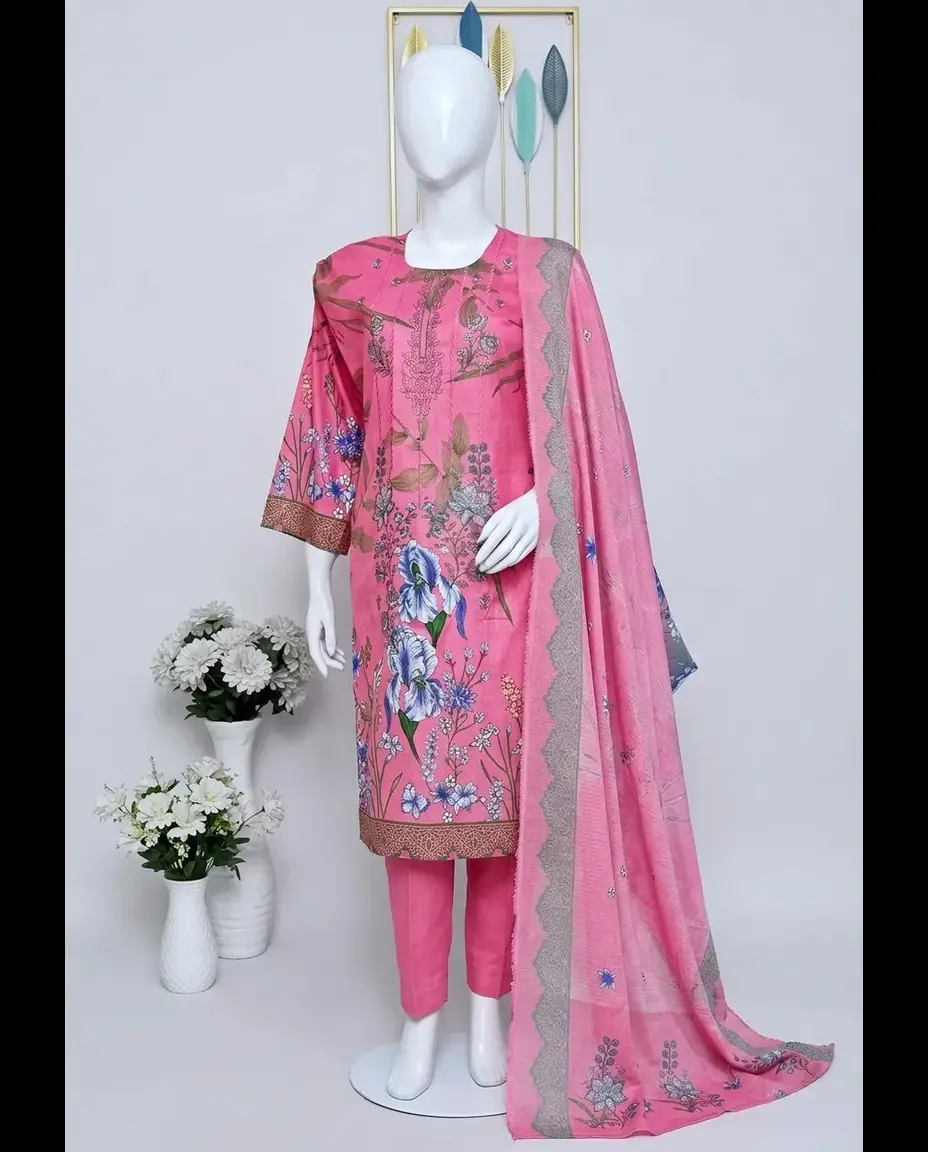 3-Piece Noore Azal Embroidered Cotton Suit Pink