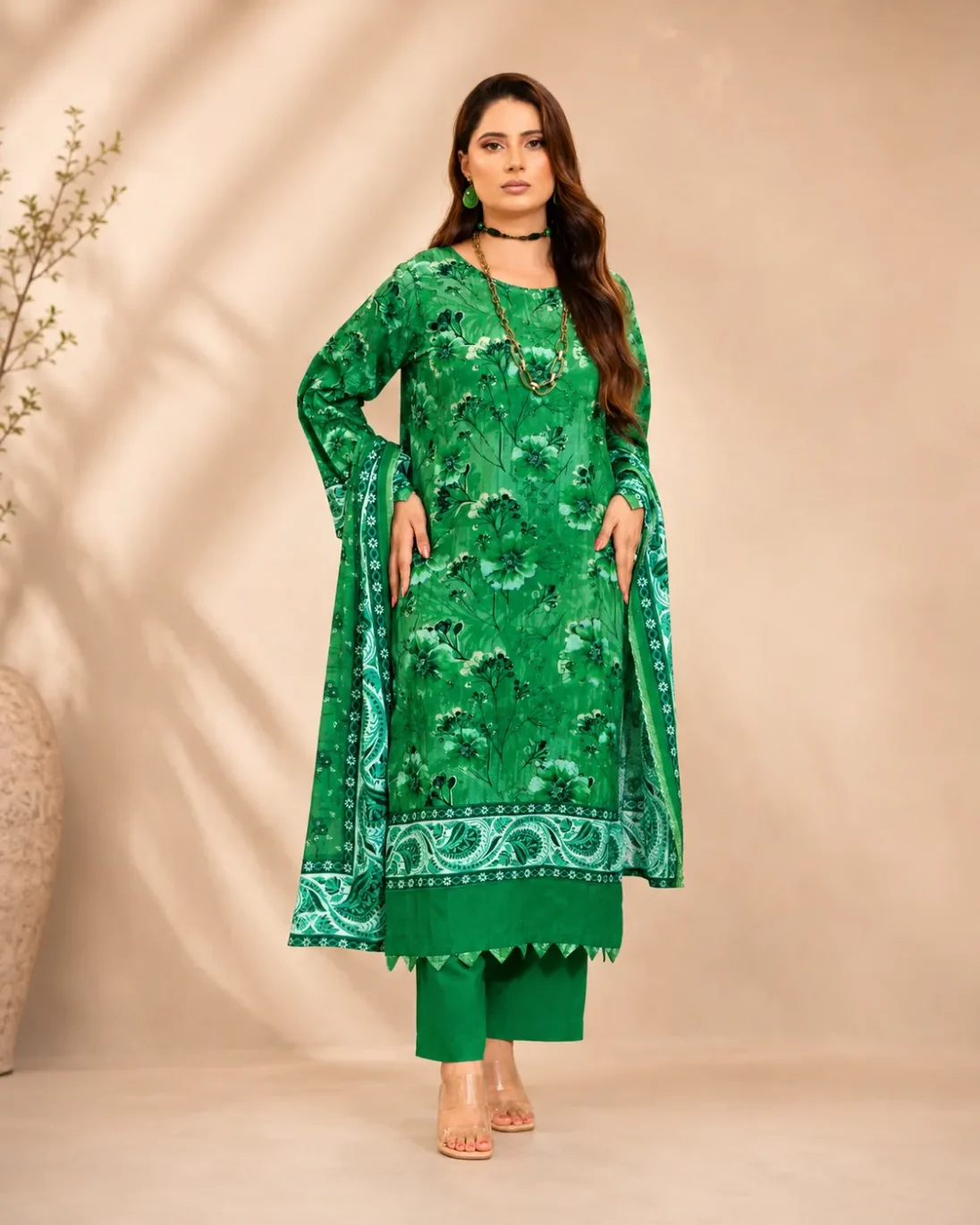 3-Piece Bin Naeem Linen Printed Emerald Green