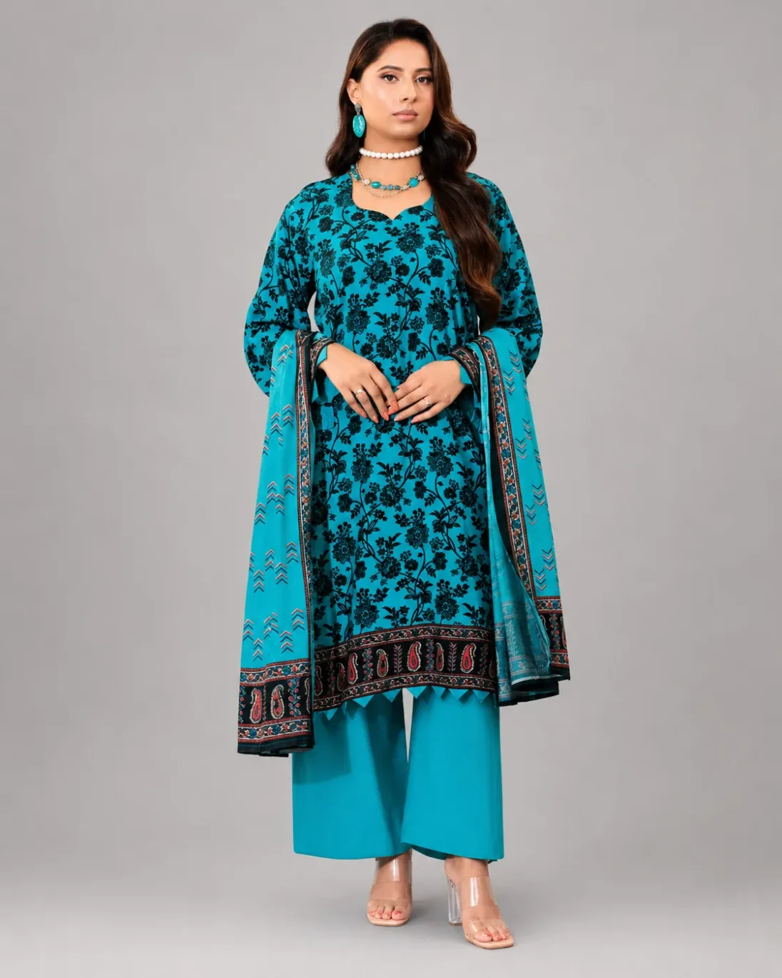 3-Piece Bin Naeem Linen Printed Teal Blue