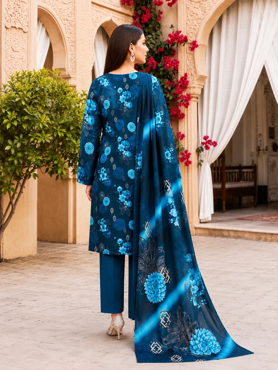 3-Piece AlKaram Printed Lawn Suit Navy Blue - Image 2