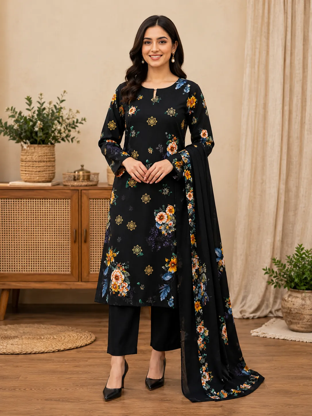 3-Piece AlKaram Printed Lawn Suit Black