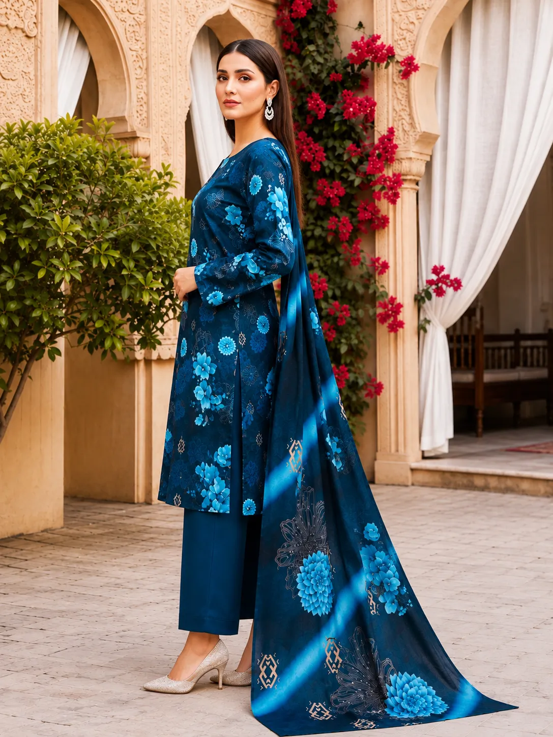 3-Piece AlKaram Printed Lawn Suit Navy Blue - Image 4