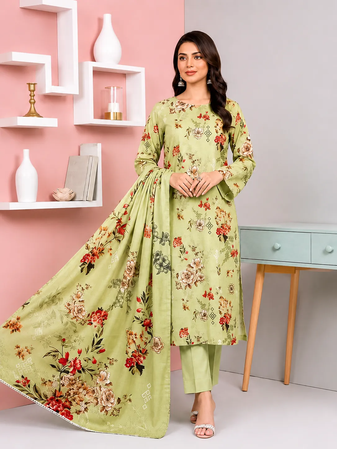 3-Piece AlKaram Printed Lawn Suit Pistachio Green