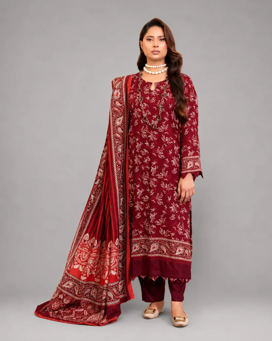 3-Piece Bin Naeem Linen Printed Maroon