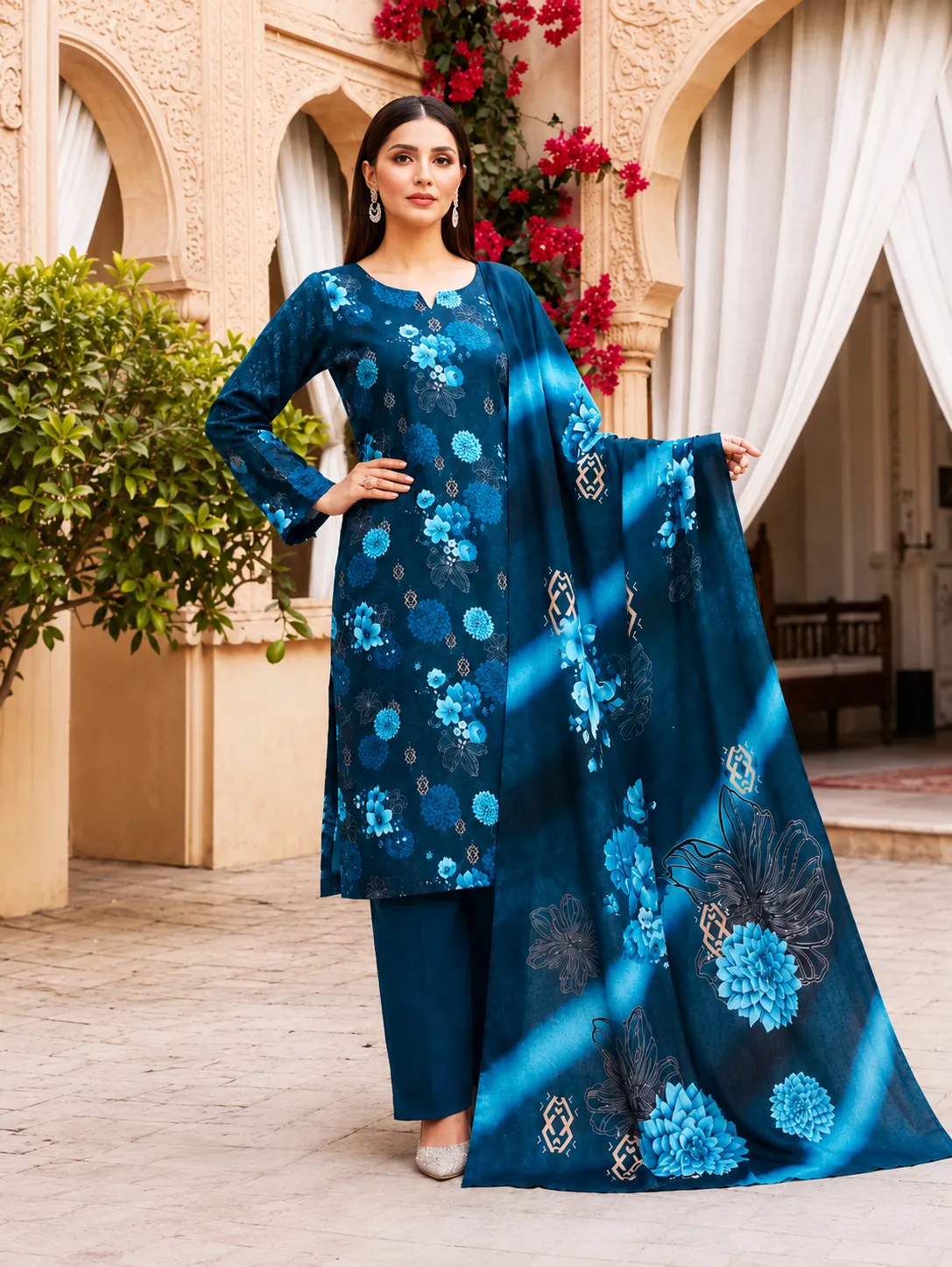 3-Piece AlKaram Printed Lawn Suit Navy Blue