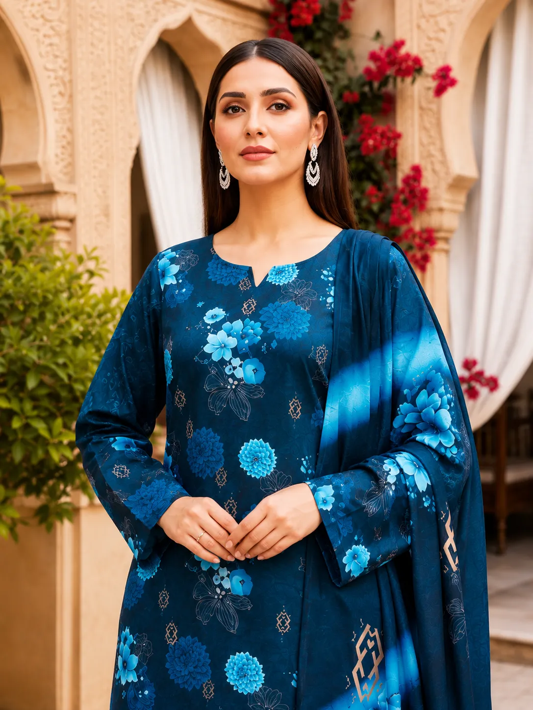 3-Piece AlKaram Printed Lawn Suit Navy Blue - Image 3