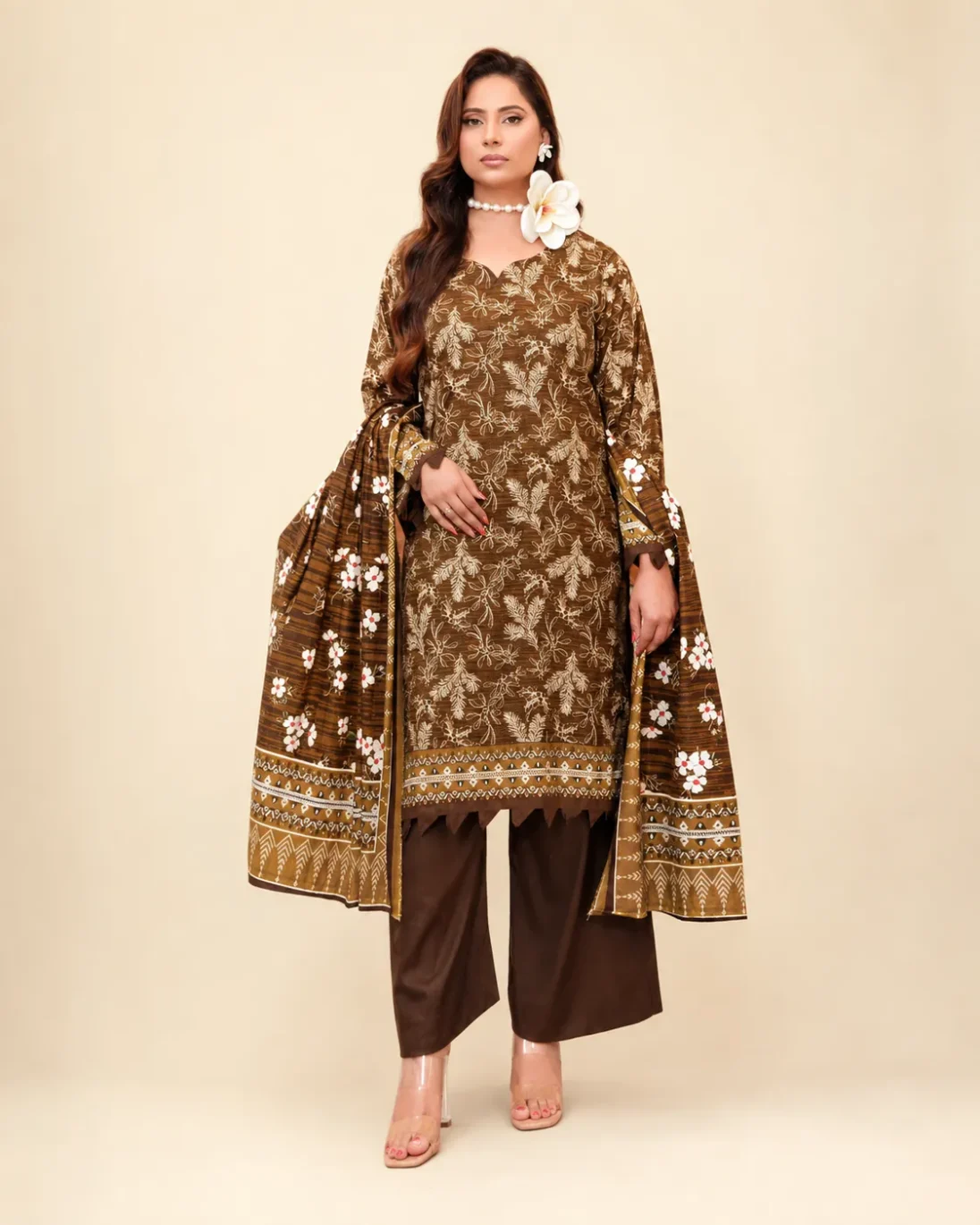 3-Piece Bin Naeem Linen Printed Rich Brown