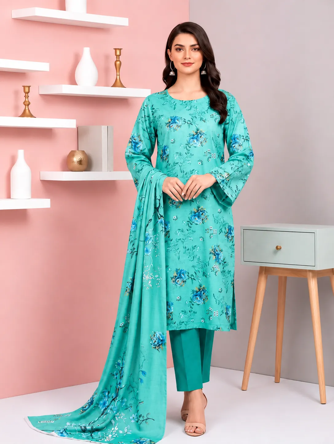 3-Piece AlKaram Printed Lawn Suit Aqua Turquoise