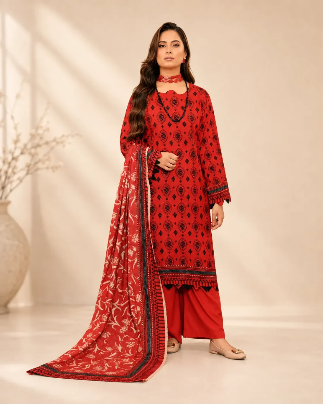3-Piece Bin Naeem Linen Printed Red