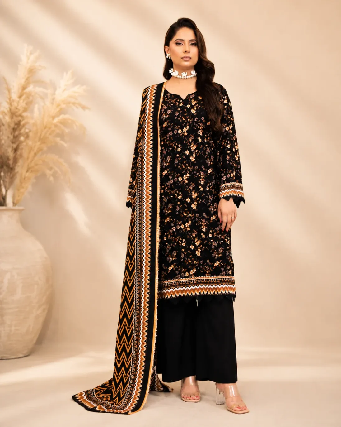 3-Piece Bin Naeem Linen Printed Rich Black