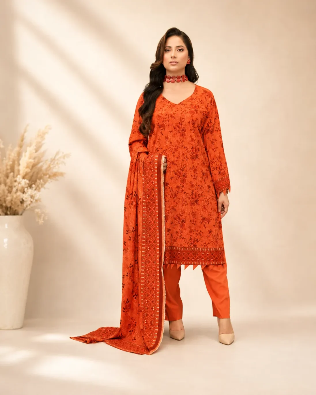 3-Piece Bin Naeem Linen Printed Burnt Orange