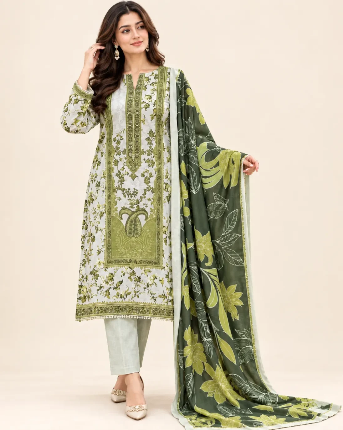 3-Piece Zohra Khaddar Printed Soft Ivory
