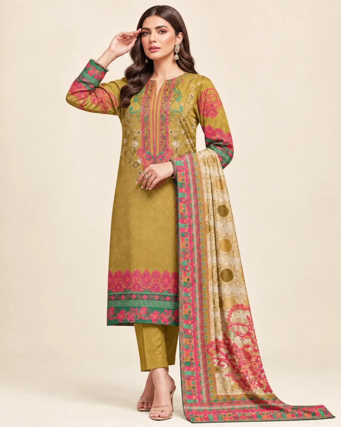 3-Piece Zohra Khaddar Printed Mustard Olive
