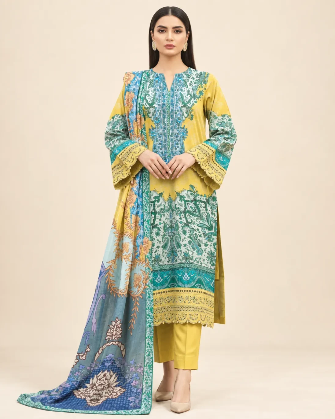 3-Piece Zohra Khaddar Printed Yellow