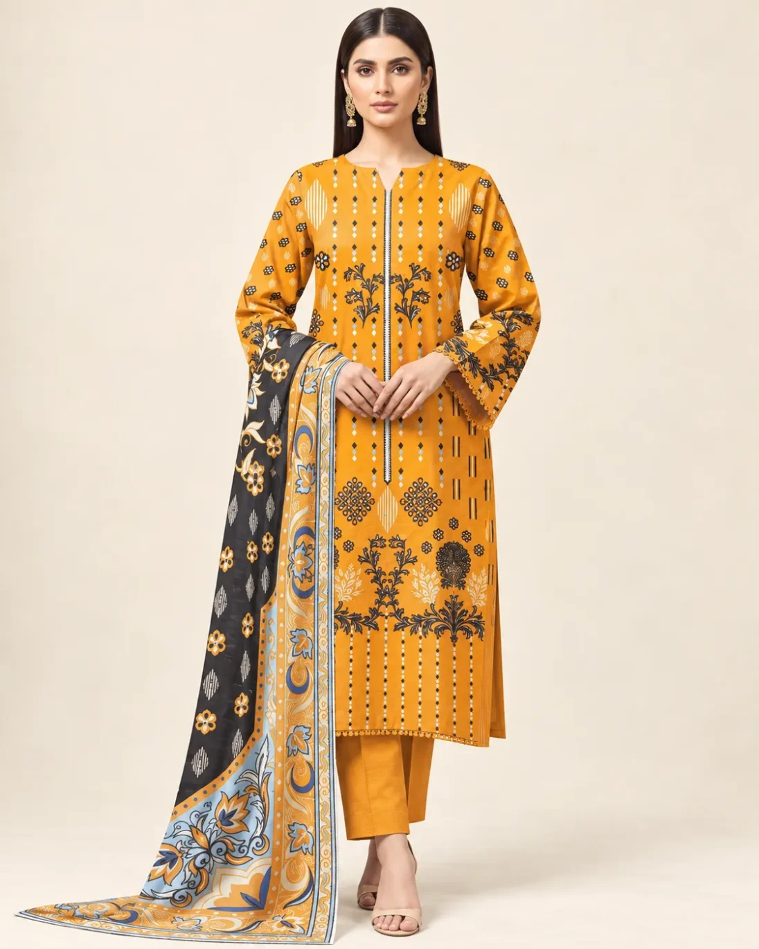 3-Piece Zohra Khaddar Printed Deep Orange