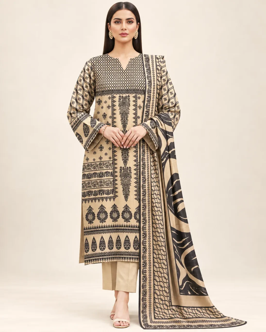 3-Piece Zohra Khaddar Printed Beige