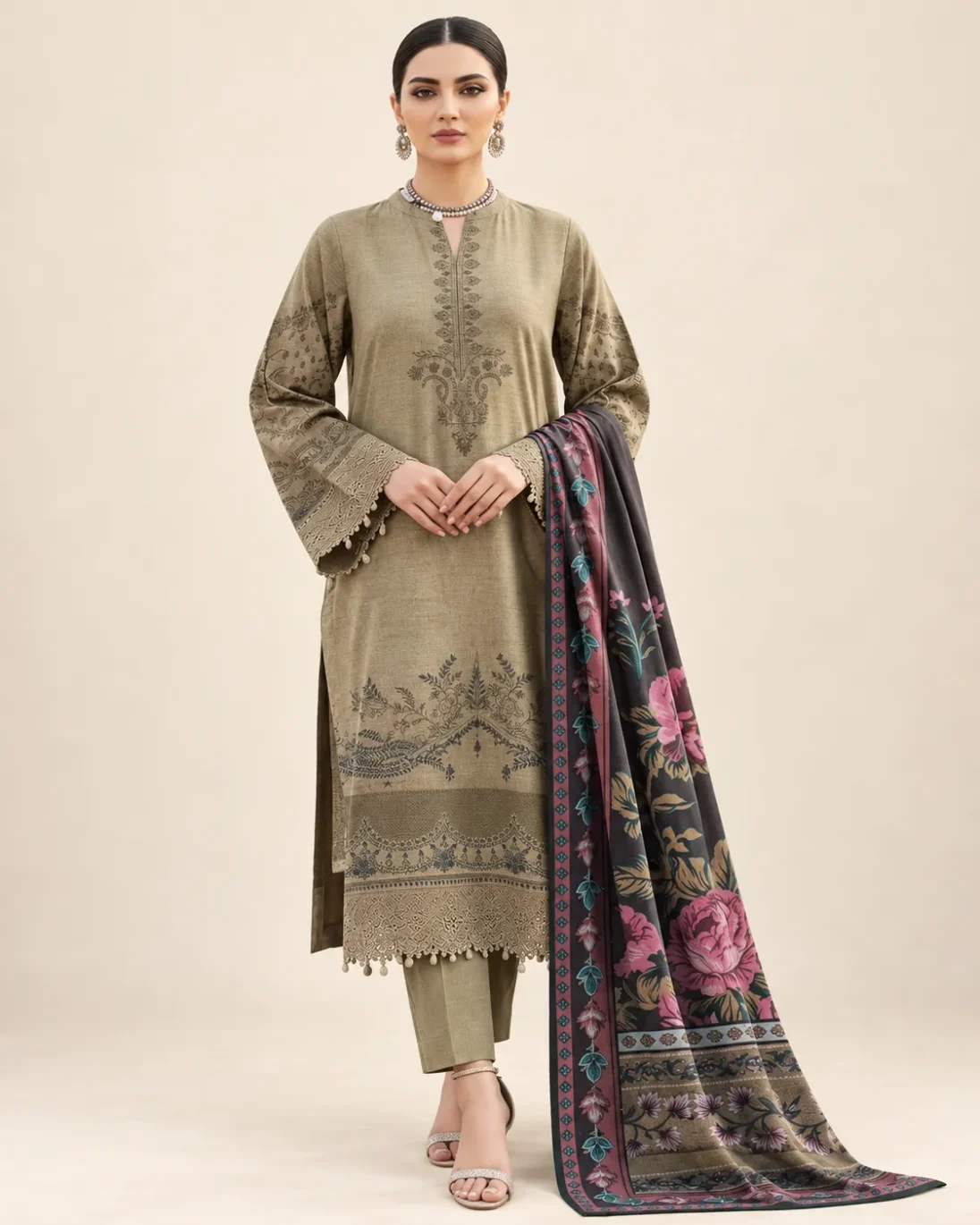 3-Piece Zohra Khaddar Printed Olive