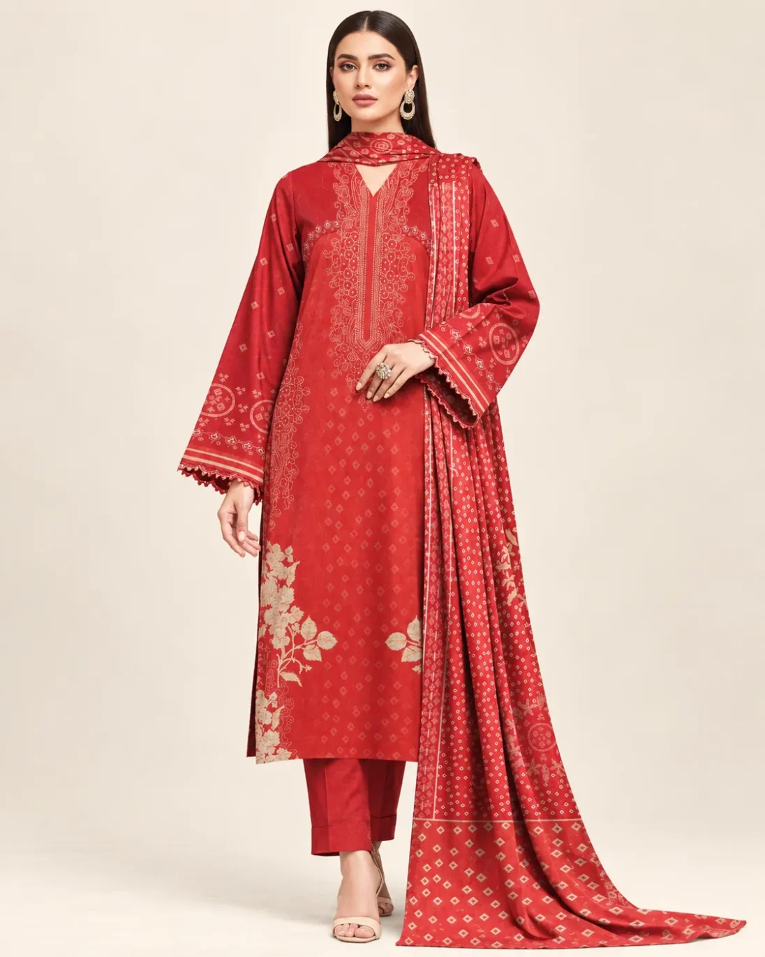3-Piece Zohra Khaddar Printed Crimson Red