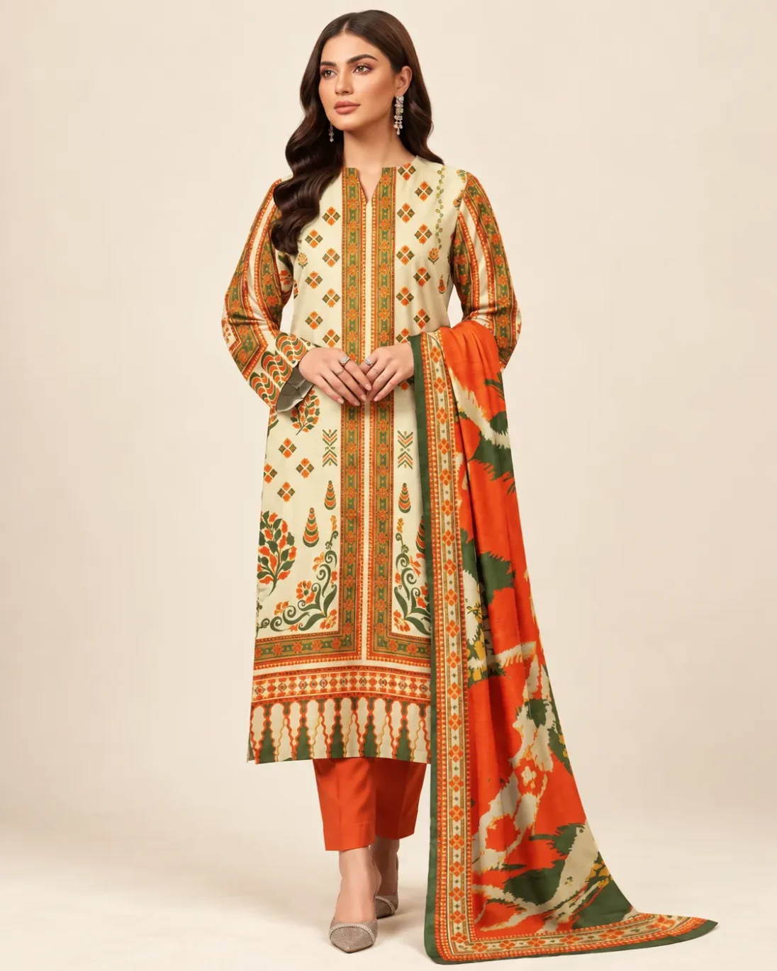 3-Piece Zohra Khaddar Printed White Ivory