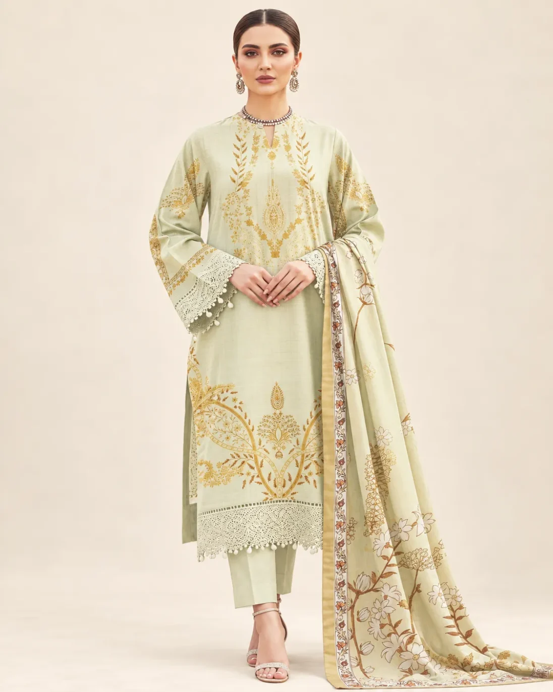 3-Piece Zohra Khaddar Printed Deep Cream